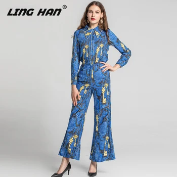 

LINGHAN Designer 2020 Spring Summer Women 2 Piece Set Long Sleeve Abstract Print Blouse + Long Flares Pants Twinset Suit