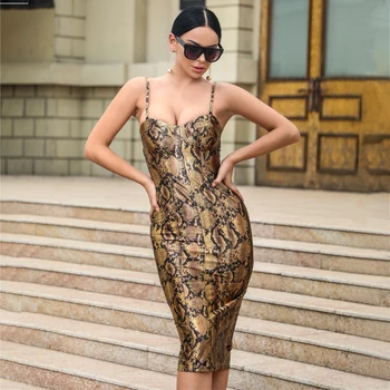 

Vero Sinly Sexy V Neck Sleeveless Snake Pattern Summer Women Bandage Dress 2020 Elegant Female Knee Length Party Dress Vestidos