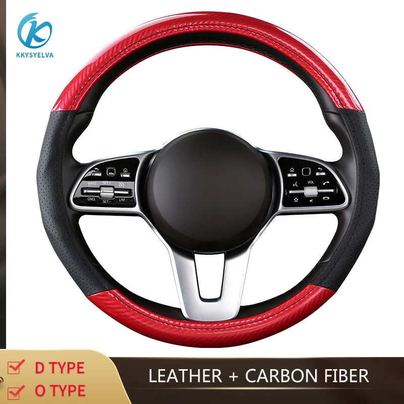 

KKYSYELVA D O type Auto Car Steering Wheel Cover Leather+ Carbon Fiber 37- 38CM Steering-Wheel covers Interior accessories