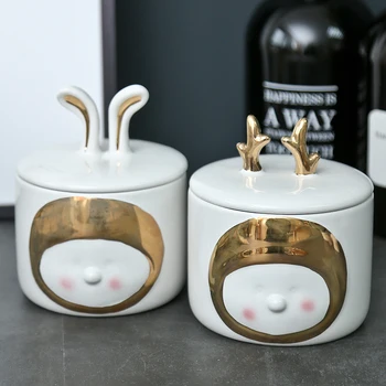

Nordic Ceramic Cartoon Doll Jewelry Box with Lid Home Antler Candy Snack Tea Storage Tank Kitchen Restaurant Storage Tank Gift