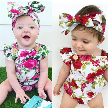 

2Pcs/Set Children Summer Clothing Sleeveless Printed Bodysuit Headband Jumpsuit Playsuit Outfit Newborn Infant Baby Girl Clothes