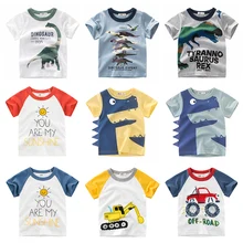 Летняя футболка для мальчиков; Детские топы с короткими рукавами; хлопковая Футболка с рисунком для девочек и мальчиков; милые футболки с принтом динозавра; одежда для детей