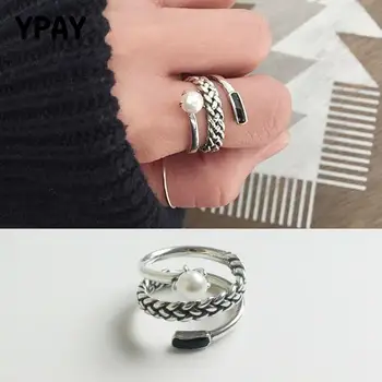 

YPAY Authentic 925 Sterling Silver Open Rings Vintage Three Layers Twisted Rope With Shell Pearl Ring For Women Jewelry YMR086