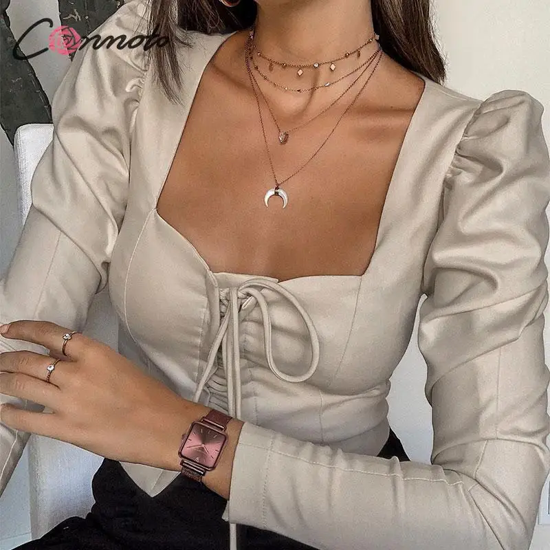 Conmoto винтажная женская блузка на шнуровке и пуговицах, высокая мода, блузка с буфами на рукавах, однотонная Сексуальная женская блузка, рубашки, повседневные топы Ctop