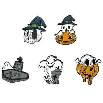 

Halloween Enamel Pin Skeleton Skull Pumpkin Ghost Grave Coffin Brooch Bag Lapel Pin Gothic Badge Boo Jewelry Gift for Friends