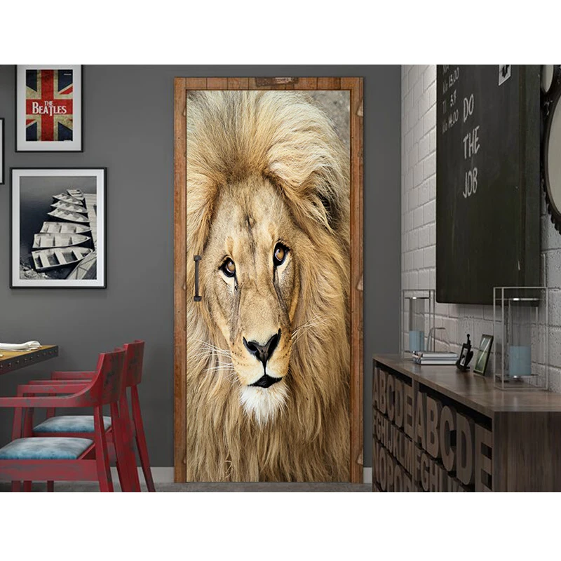 Animal Lion Poster 3D Prints Waterproof Entire Door Sticker Creative Stickers Door Wall Sticker DIY Mural Bedroom Home Decor