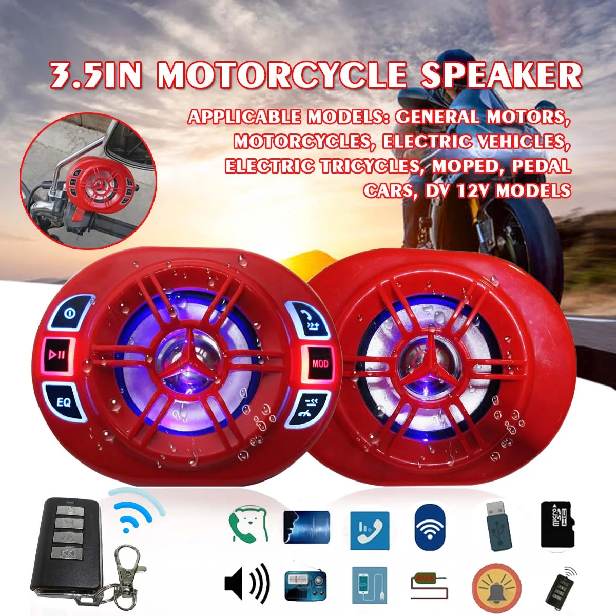 

3.5 inch Motorcycle bluetooths MP3 Player Red Speaker Waterproof Burglar Alarm Active Call Telegraph Number FM Audio