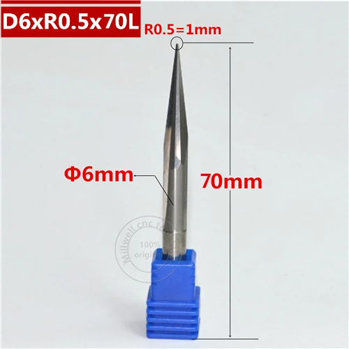 6 мм shank-1PCS, ЧПУ карбида вольфрама Концевая фреза, деревообрабатывающие вставки фрезы, конические сферические концевые фрезы, глубокий рельеф, pvcMDF - Длина режущей кромки: D6xR0.5x70L