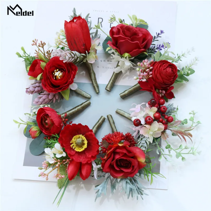 

Meldel Groomsmen Boutonniere Bridesmaids Wrist Corsage Girl Bracelet Artificial Silk Rose Flower Wedding Party Man Corsage Decor