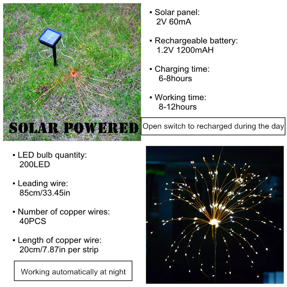Солнечные гирлянды для улицы в помещении 200 светодиодный медный провод фейерверк Сказочный светодиодный свет для сада, патио, рождественские украшения