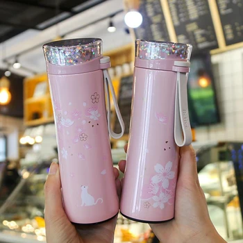 

Cute Sweet Water Bottle 304 Stainless Steel Thermos Lovely Flower Pattern Vacuum Flask Coffee mug insulated Cup