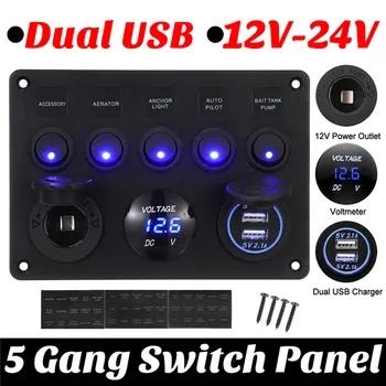 

5 Gang Car Boat Dual USB Socket Charger LED Voltmeter 12V Power Outlet ON-OFF Toggle Switch Panel for Car Boat Marine RV Truck