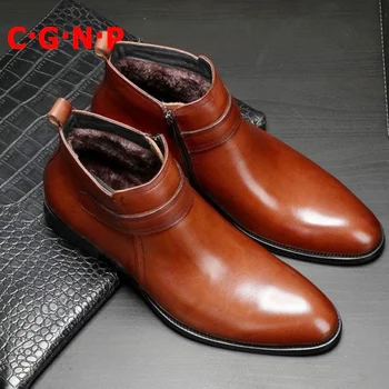 

CÂ·GÂ·NÂ·P Short Plush Warm Autumn Winter Boots Men Genuine Leather Pointed Toe Chelsea Boots High-top Men Shoes Ankle Boots