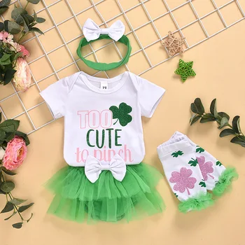 

2020 Summer Children Sets Casual Short Sleeve Letter Print Clover Rompers Bow Green Mesh Skirt Casual 2Pcs Girls Clothes Sets