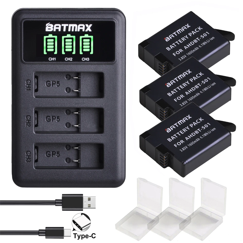 Battery for GoPro Hero 7 6 5 Black Cameras (1600mAh) + LED 3Slots USB Charger with Type C Port | Электроника