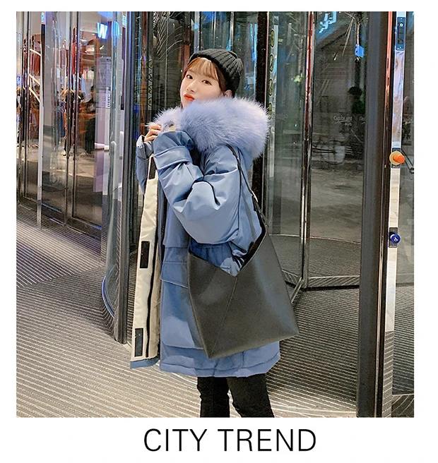 Off Season Winter New Style Students Thick Coat Large Pocket Large Fur Collar Cotton Coat Mid-length Cotton-padded Jacket W