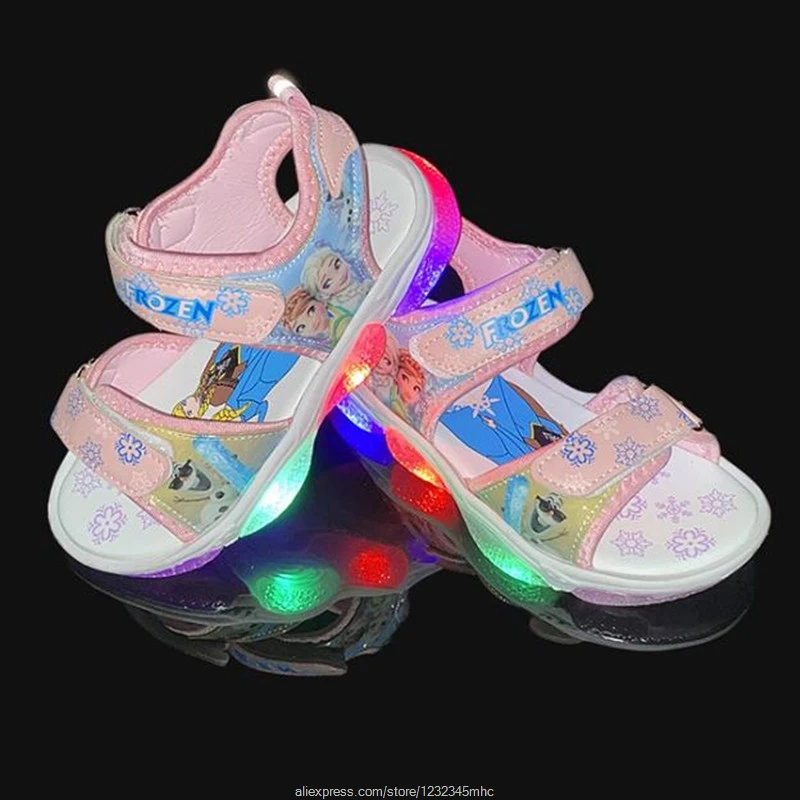 Sandalias para niña, novedad de verano, versión coreana de Frozen, luces Led luminosas, zapatos de playa para niño, Disney Original