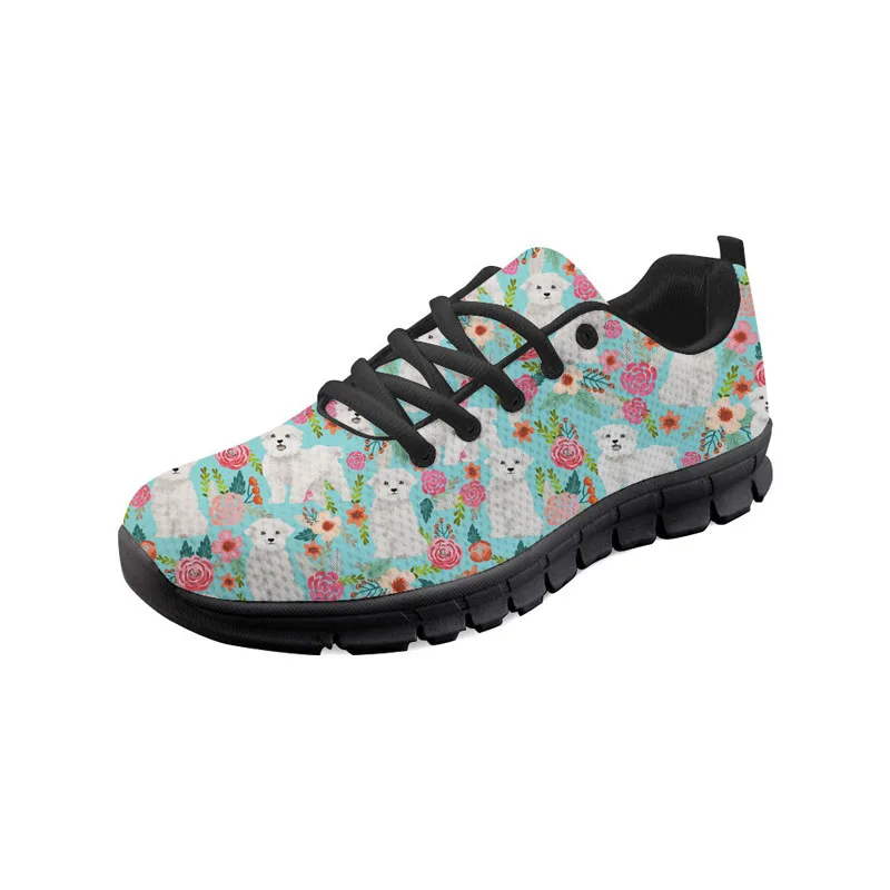 

Cartoon Maltese Floral Print Casual Sneaker Lace Up Running Shoes Women Breathable Ladies Flat Shoes Fashion Mesh Jogging Shoes