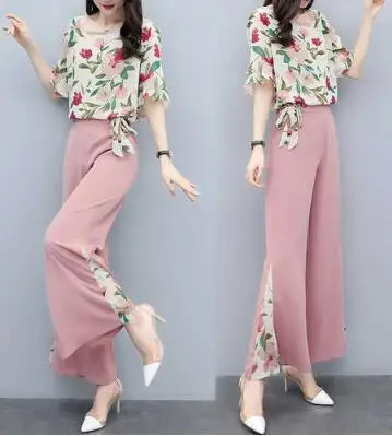 Новые Модные Элегантные шифоновые костюмы из 2 предметов летние женские рубашки с коротким рукавом и цветочным принтом Блузка и широкие брюки наборы - Цвет: Pink