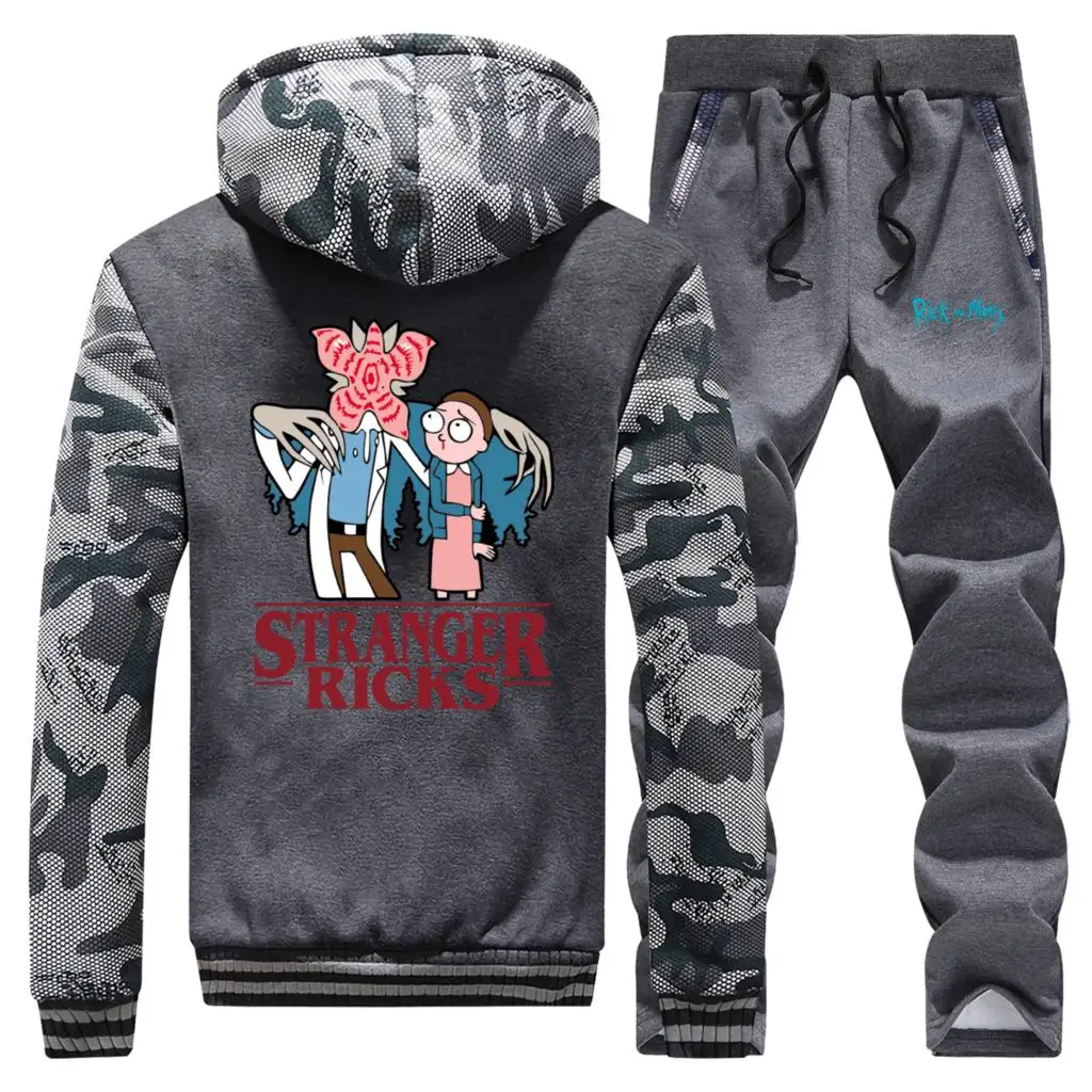 Stranger Things Rick And Morty Winter New Camouflage Men Hooded Sportswear Coat Thick Suit Jacket Warm+Pants 2 Piece Set