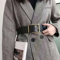 Women New Fashion Black Wide Belt Square Pin Buckle Imitation leather Waist Strap Decorative Coat Dress Simple Dress Waistband