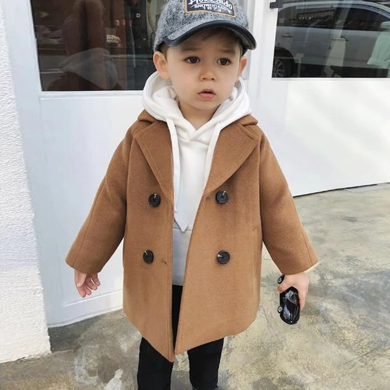 Khaki A Новые зимние куртки Однотонное шерстяное двубортное шерстяное пальто для мальчиков модная детская верхняя одежда с отворотом, пальто для мальчиков, ветровка для детей возрастом от 1 года до 5 лет - Цвет: Khaki A