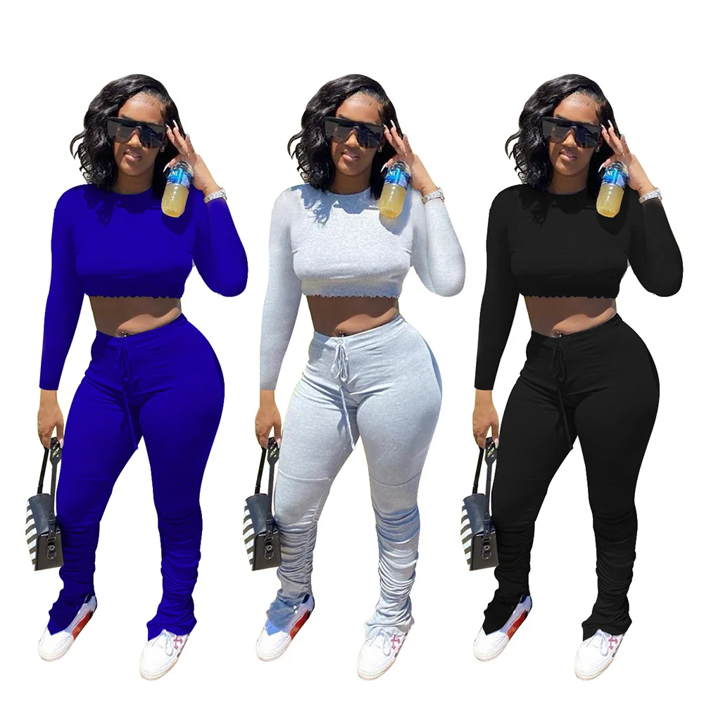 

Sporty Solid Women 2 Piece Set Club Party Stacked Matching Set Long Sleeve Crop Top + Bell Bottom Slit Flare Pants Suit Outfits