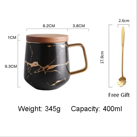 Black with lid Роскошные матовые керамические мраморные чайные кофейные чашки с золотой инкрустацией деревянными блюдцами черного и белого цвета B002 - Цвет: Black with lid