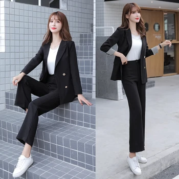 

Women's Two-piece Sets Korean Fashion Casual Slim Solid Black Double-breasted Single-button Blazer + Pants Suit 2020 Spring New