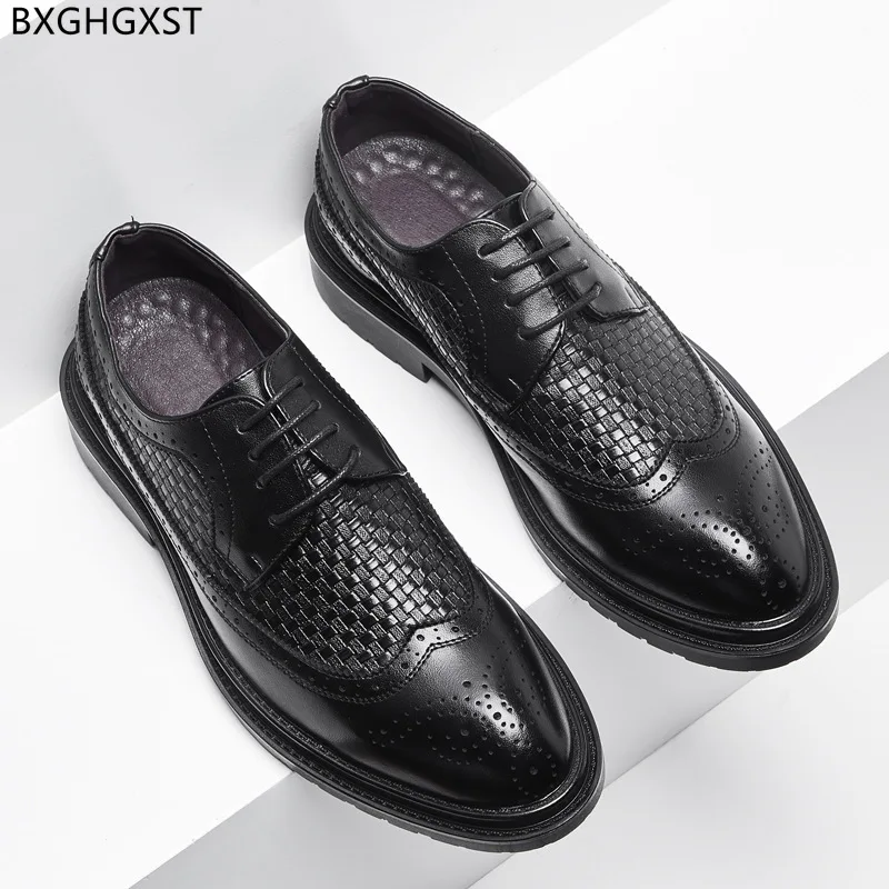 

Oxford Shoes for Men Weave Brown Men Wedding Shoes 2023 Dress Pointed Toe Black Brogue Leather Shoes Men Formal Chaussure Homme