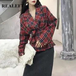 REALEFT осень OL стиль корейский винтажный клетчатый Блейзер пуговица полный рукав куртка Женский Повседневный пиджак, куртка ремень женский