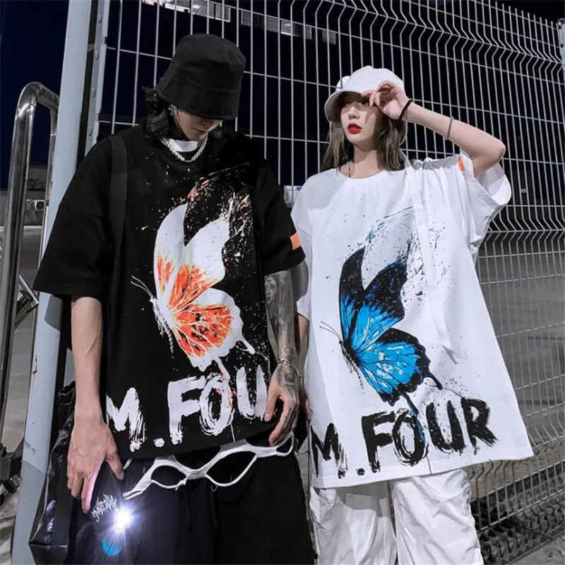

2020 men and women new hip-hop Hong Kong style butterfly print short-sleeved T-shirt couple trend casual T-shirt short-sleeved
