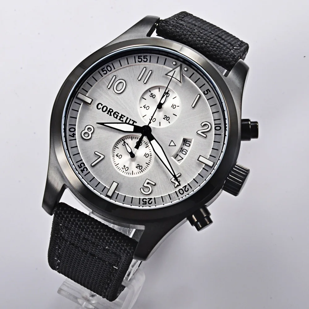 

Corgeut 46mm white dial PVD Case Full date Chronograph quartz men wrist watch