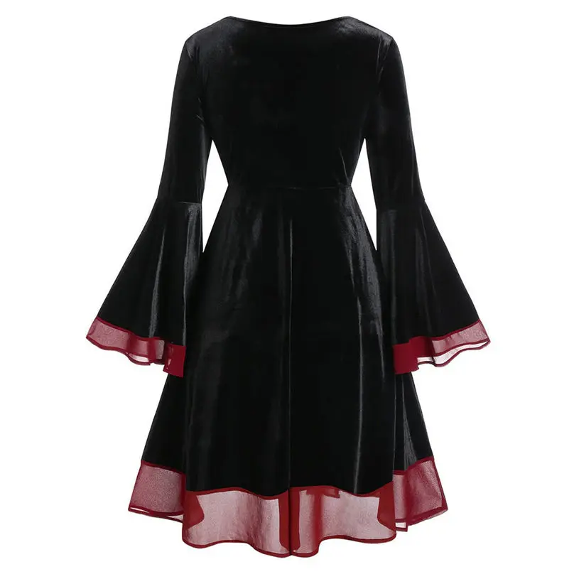 New Fashion Halloween Dress Women Velvet Plus Size Halloween Lace Up Patchwork Long Sleeve Mini Dress Vestidos 4S04 (10)