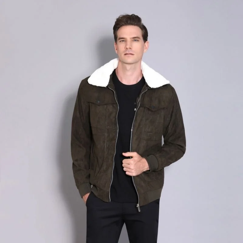 Faux Suede Leather Jacket Fur Collar 