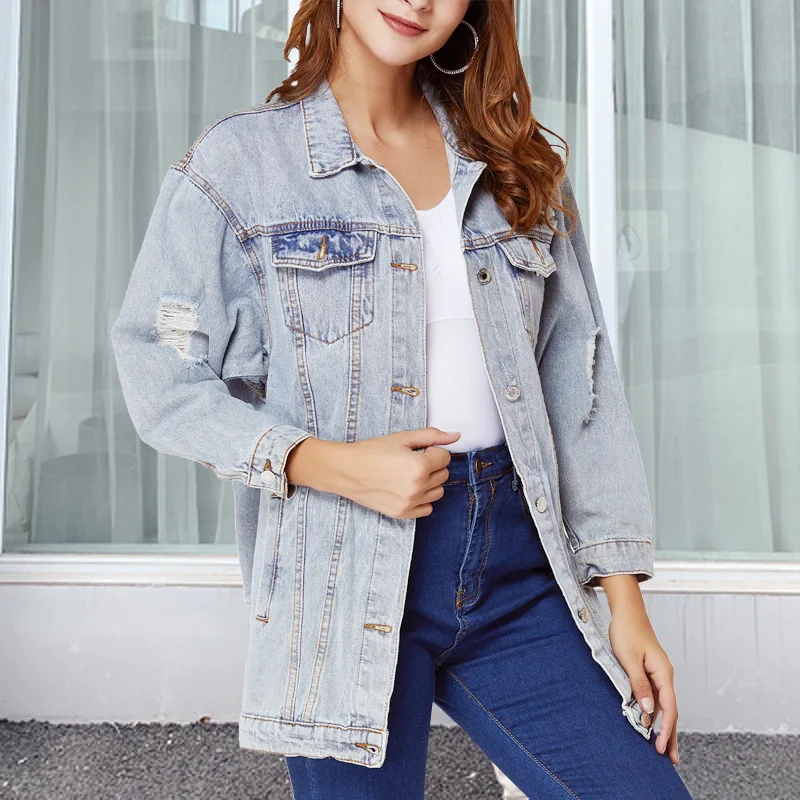 Hole Frayed Length Denim Jacket Women 