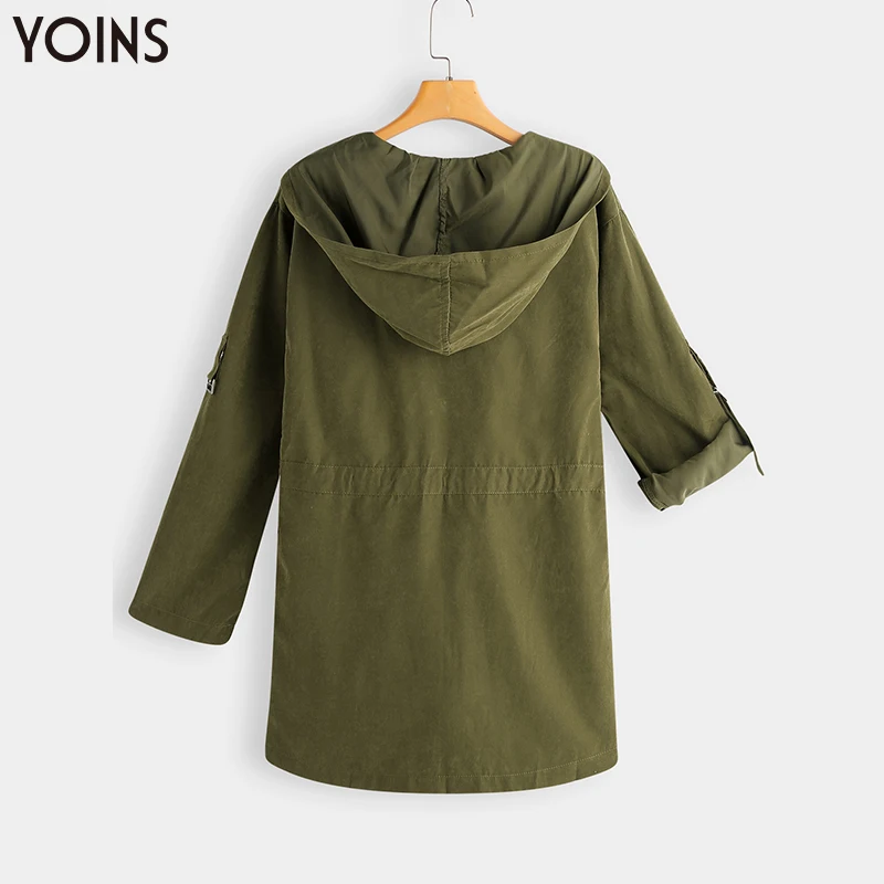 YONIS, осенне-зимние женские пальто, пальто с длинным рукавом и капюшоном, с большим карманом, с завязками на талии, армейские зеленые куртки