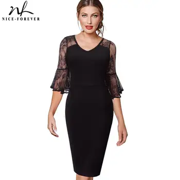 

Nice-forever Elegant Floral Lace Sleeve V-neck vestidos Business Party Women Bodycon Dress B394