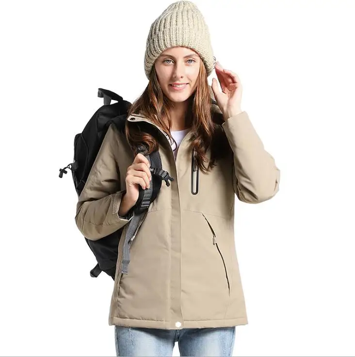 Women Khaki Мужские и женские зимние толстые хлопковые куртки с USB подогревом, водонепроницаемая ветровка для походов, скалолазания, лыжного спорта - Цвет: Women Khaki