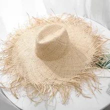 100% Natural Raffia Straw Hat Women Summer Large Jazz Sun Hat Wide Brim Floppy Beach Hat Hand Weave Raffia Hat Fashion Panama