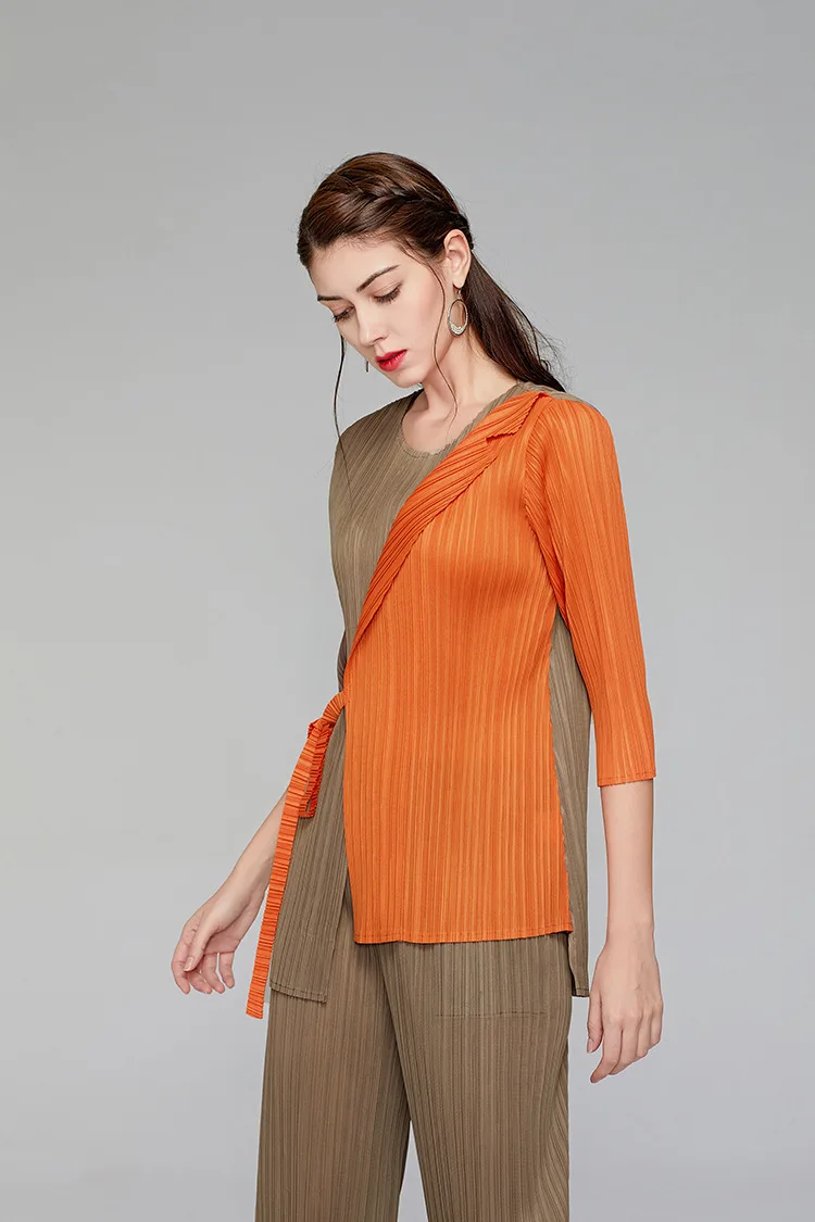 Горячая Miyake fold Модная уникальная футболка с рукавом три четверти и круглым вырезом Лоскутная нестандартная футболка