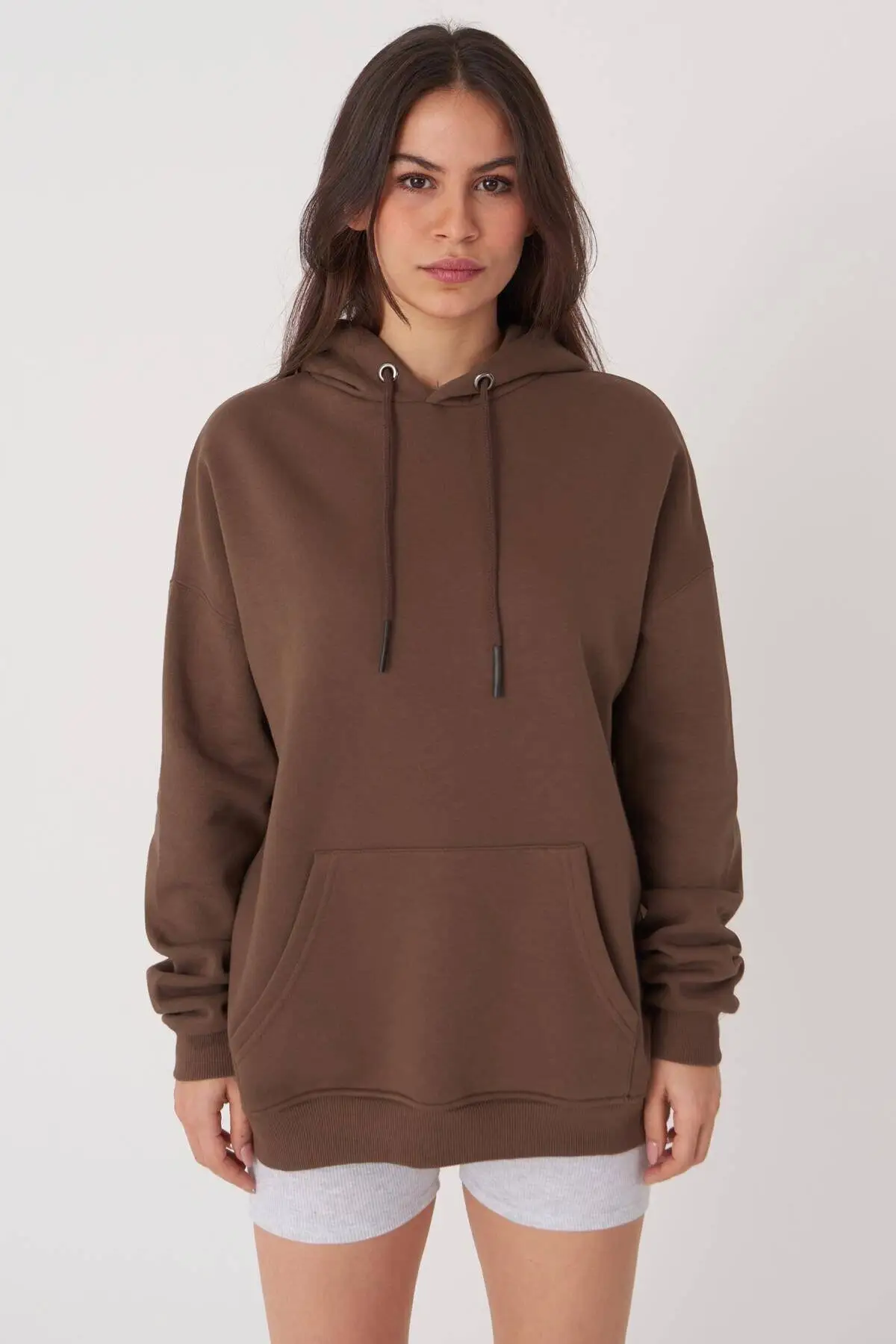 Women Oversize Hooded Sweatshirt Gray color Clothing Winter Pullovers Long Casual Street Fashion Onesize Cotton Dresses