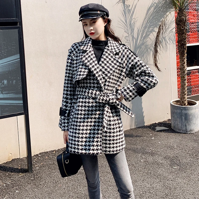 Осенне-зимние женские корейские шерстяные куртки с узором "гусиная лапка", пальто с поясом размера плюс, модные женские пальто с длинным рукавом и отложным воротником