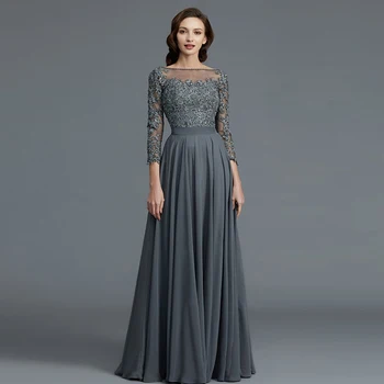 

Glamorous Grey Lace Applique Mother of the Bride Dresses Illusion Bateau Neck 3/4 Sleeves Wedding Guest Dresses Back Out