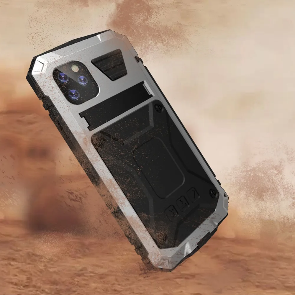 For iPhone 11 Pro Max XS XR XS Max X Metal Aluminum Armor Shockproof Heavy Duty Waterproof Case protective Cover+Tempered glass (34)