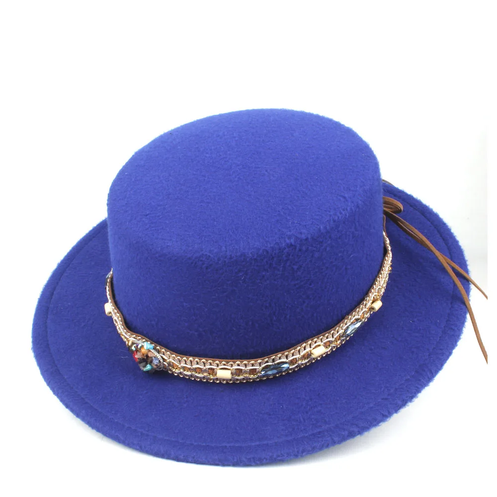 Blue Шерстяная Мужская и Женская Шляпа Fedora с плоским верхом, пояс в стиле ретро, шерсть мягкая фетровая шляпа Панама джазовая, шляпа, размер 56-58 см - Цвет: Blue