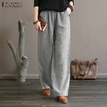 

Plus Size Summer Wide Leg Pants ZANZEA Women Striped Trousers Casual Elastic Waist Loose Long Pants Pantalon Femme Streetwear