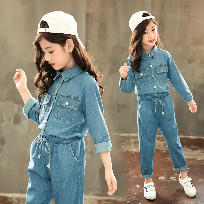 

2019 New Casual CHILDREN'S Suit Girls Autumn Clothing Big Boy Children Cowboy Two-Piece Set Fashion Childrenswear