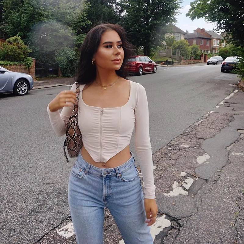 summer and spring side collar Navel exposed stretch tights clothes shirt tshirt tee Long Sleeve Chic Zipper Top stretch T-shirt