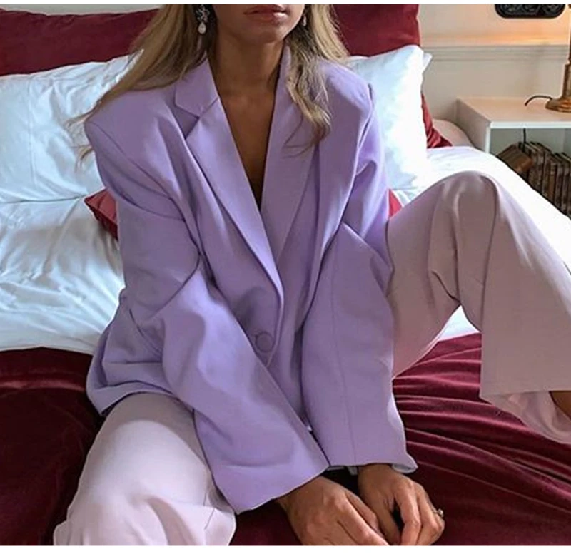 DICLOUD Violet Oversize Blazer With Pocket Women Autumn Winter Long Sleeve Solid Long Jacket Office Lady Fashion Streetwear